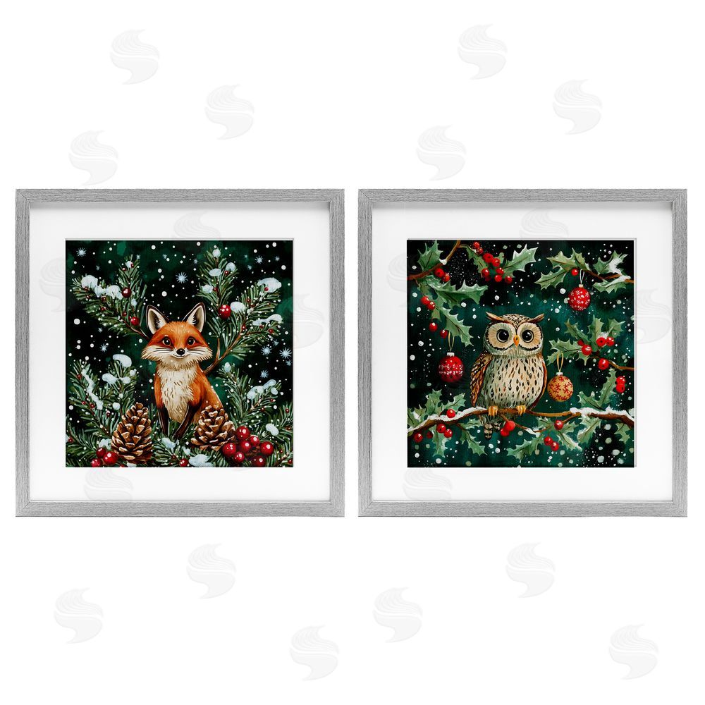 Yen Winter Snowfall Fox & Owl Gray Framed Print Under Glass Set