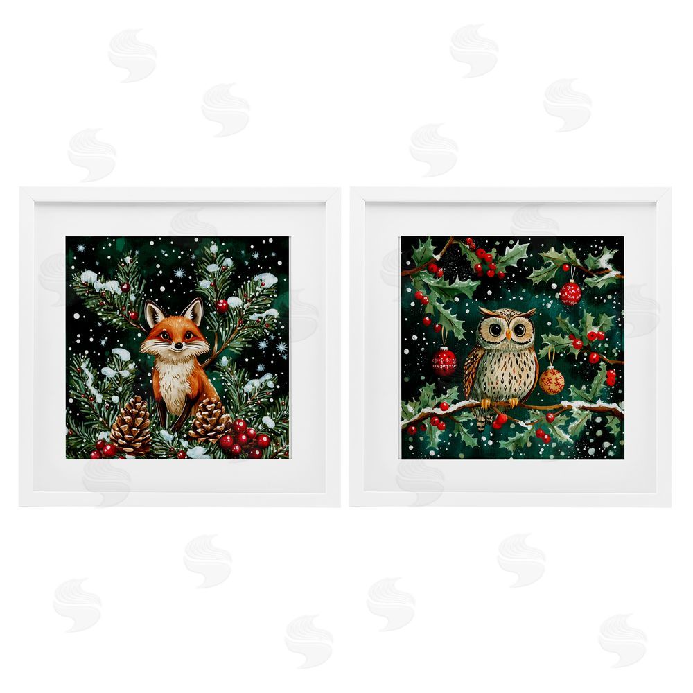 Yen Winter Snowfall Fox & Owl White Framed Print Under Glass Set