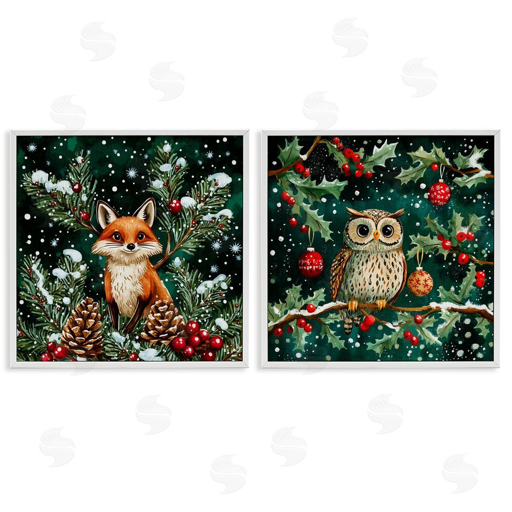 Yen Winter Snowfall Fox & Owl White Frame Giclee Art Set