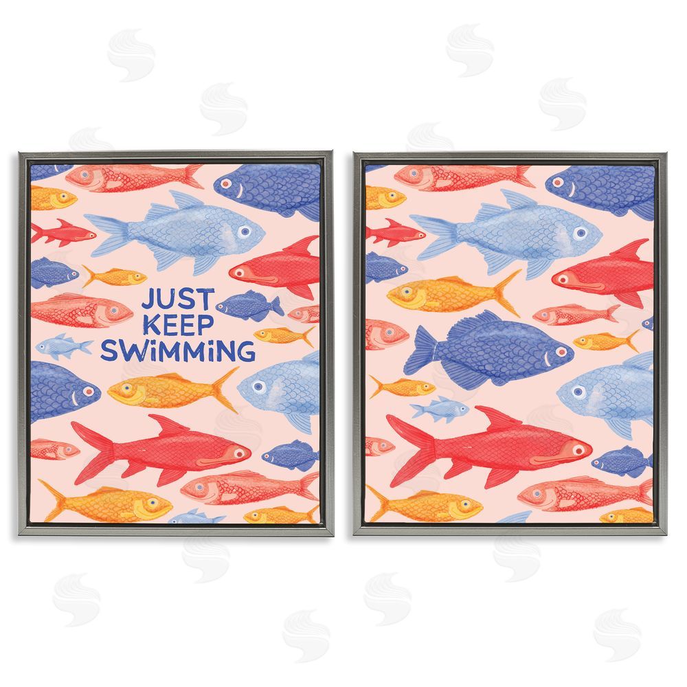 The Paper Curator Just Keep Swimming Motivating Fish Gray Floating Frame Canvas Wall Art Print