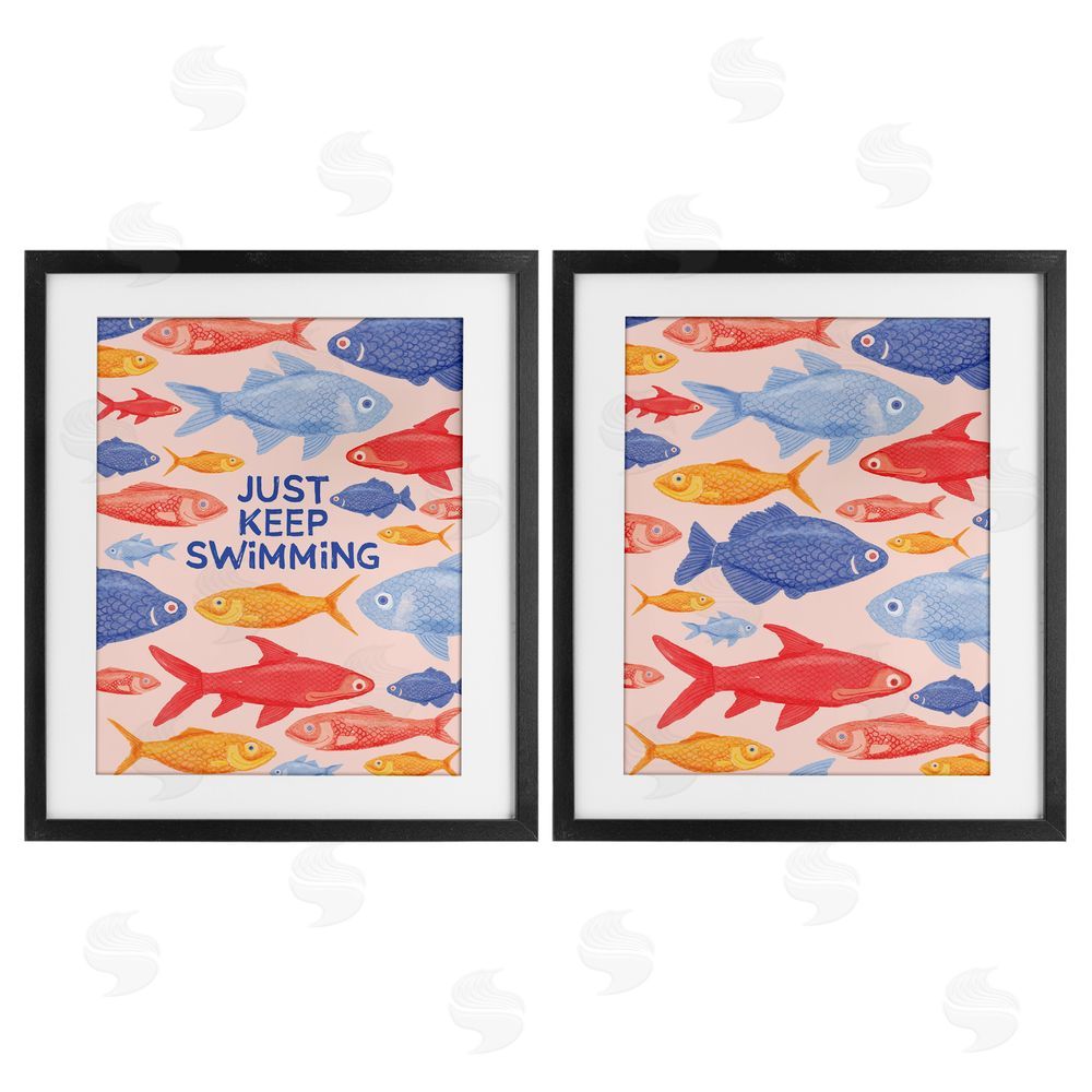 The Paper Curator Just Keep Swimming Motivating Fish Black Framed Print Under Glass with White Mat Wall Art