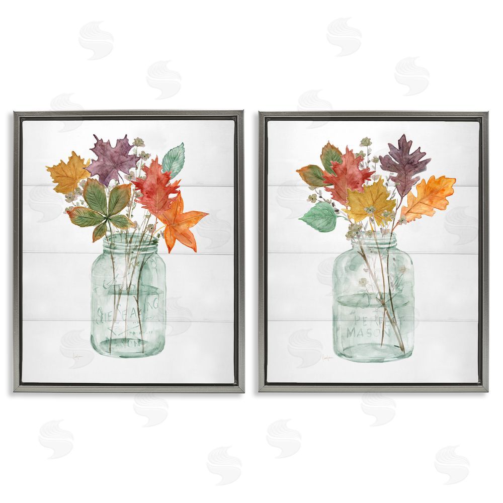 Livi Finn Harvest Home Leaf Vases Gray Floating Frame Canvas Wall Art Print