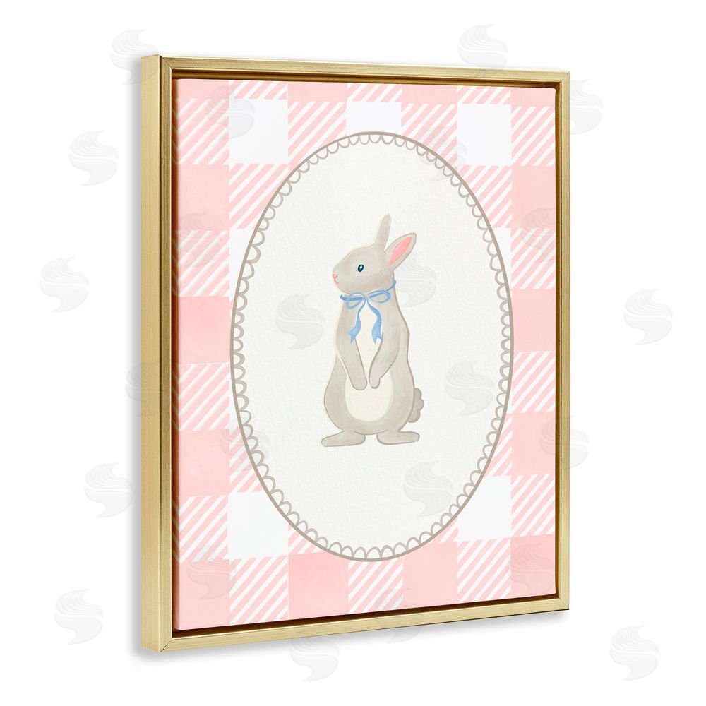 The Paper Curator Soft Pastel Gingham Rabbit Gold Floating Frame Canvas Wall Art Print