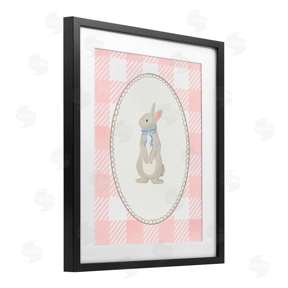 The Paper Curator Soft Pastel Gingham Rabbit Black Framed Print Under Glass with White Mat Wall Art