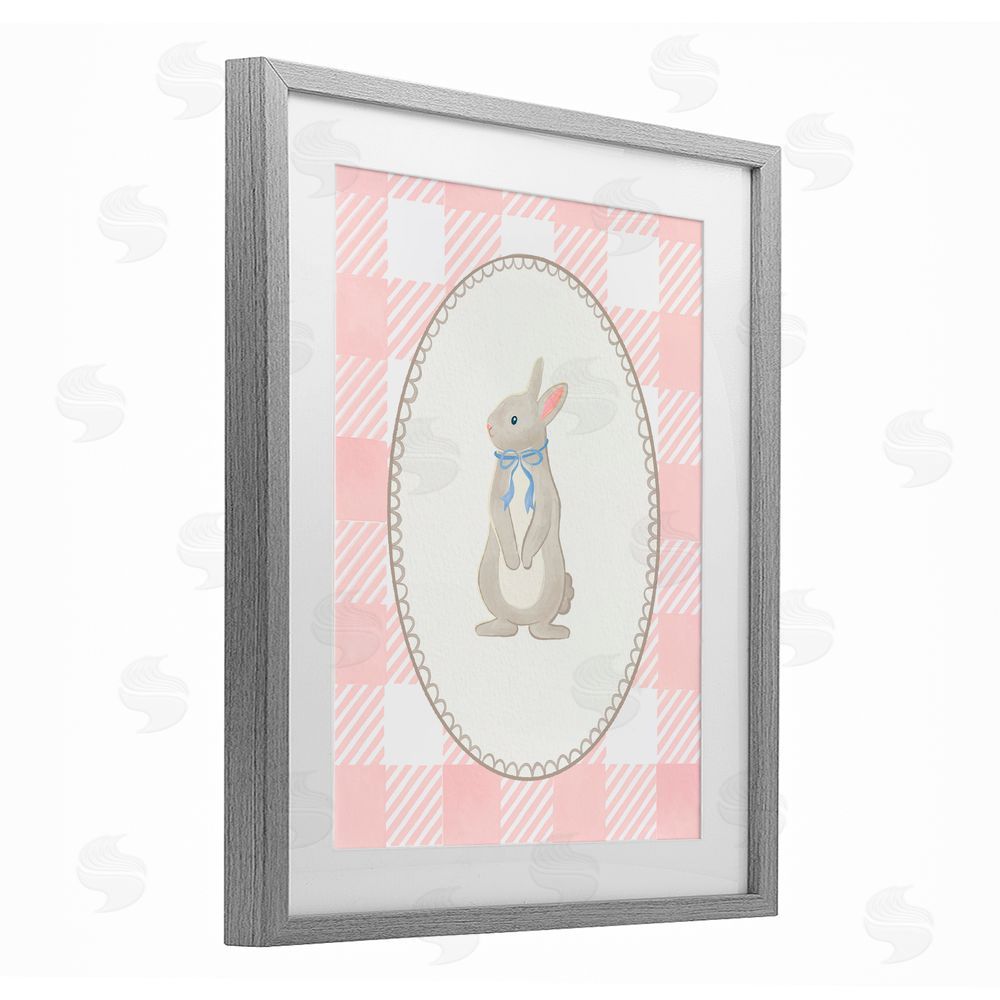 The Paper Curator Soft Pastel Gingham Rabbit Gray Framed Print Under Glass with White Mat Wall Art