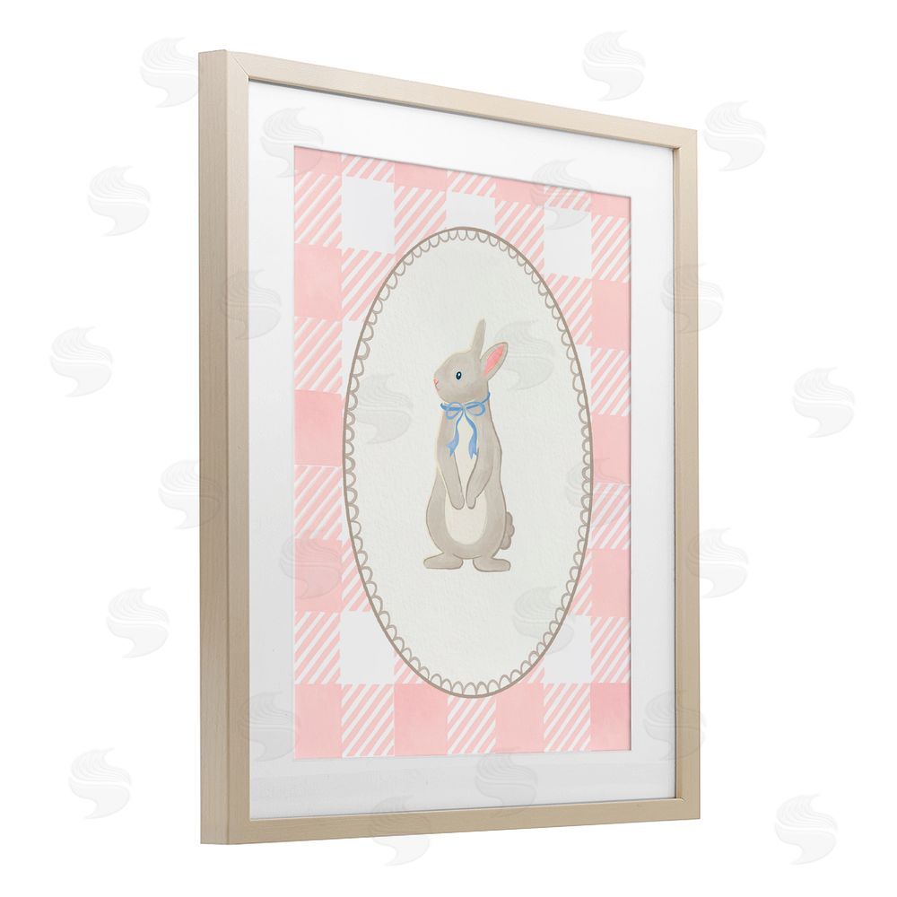 The Paper Curator Soft Pastel Gingham Rabbit Birch Framed Print Under Glass with White Mat Wall Art