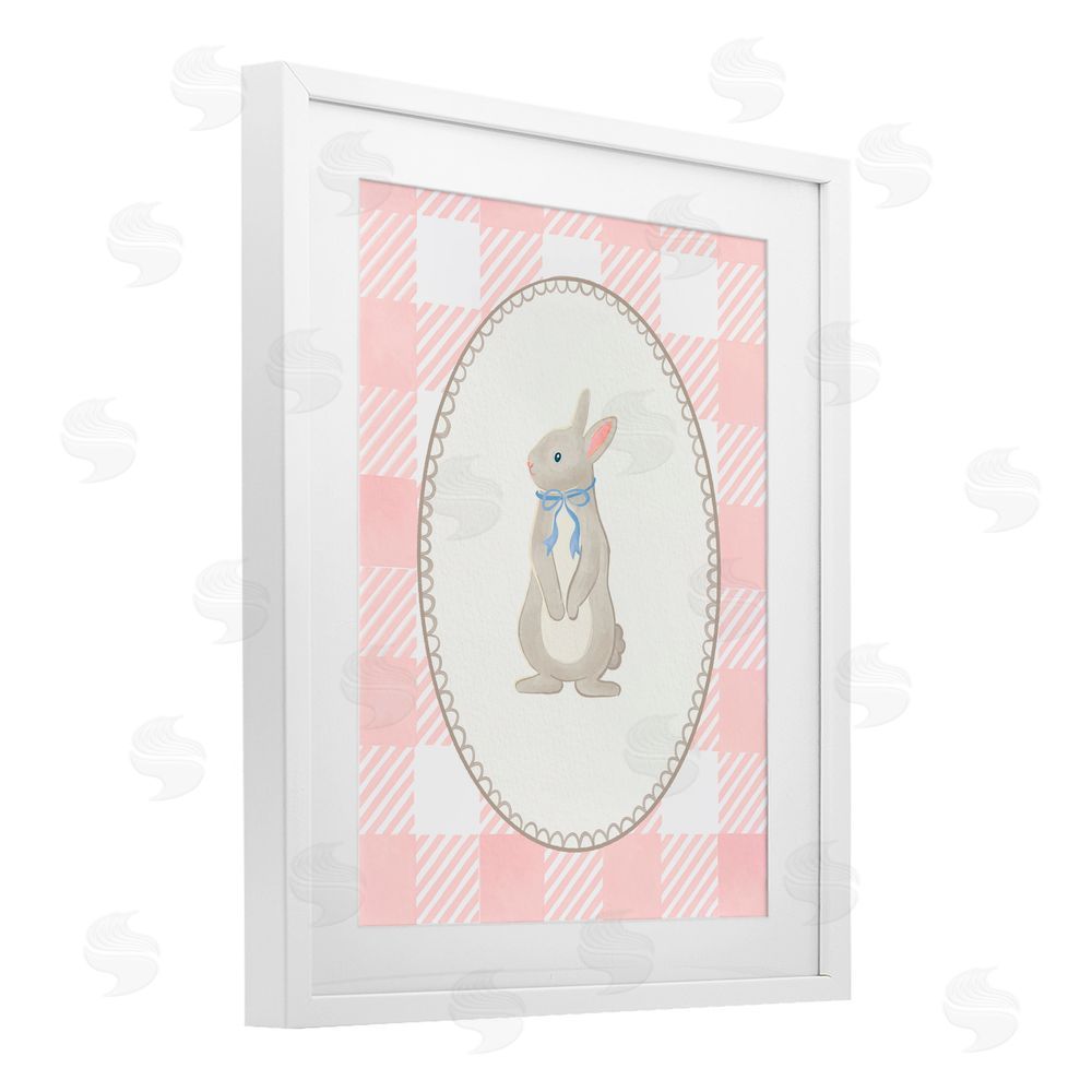 The Paper Curator Soft Pastel Gingham Rabbit White Framed Print Under Glass with Mat Wall Art