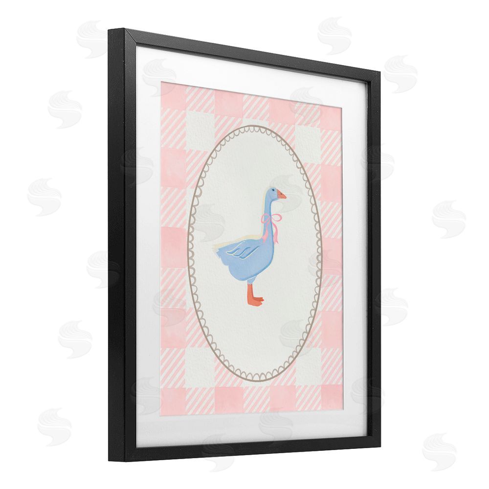 The Paper Curator Goose On Soft Pink Plaid Black Framed Print Under Glass with White Mat Wall Art