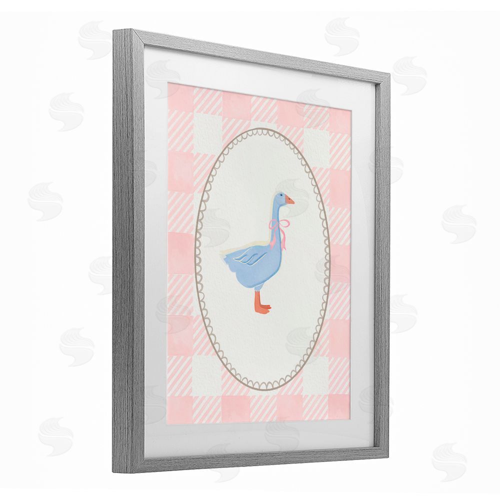 The Paper Curator Goose On Soft Pink Plaid Gray Framed Print Under Glass with White Mat Wall Art