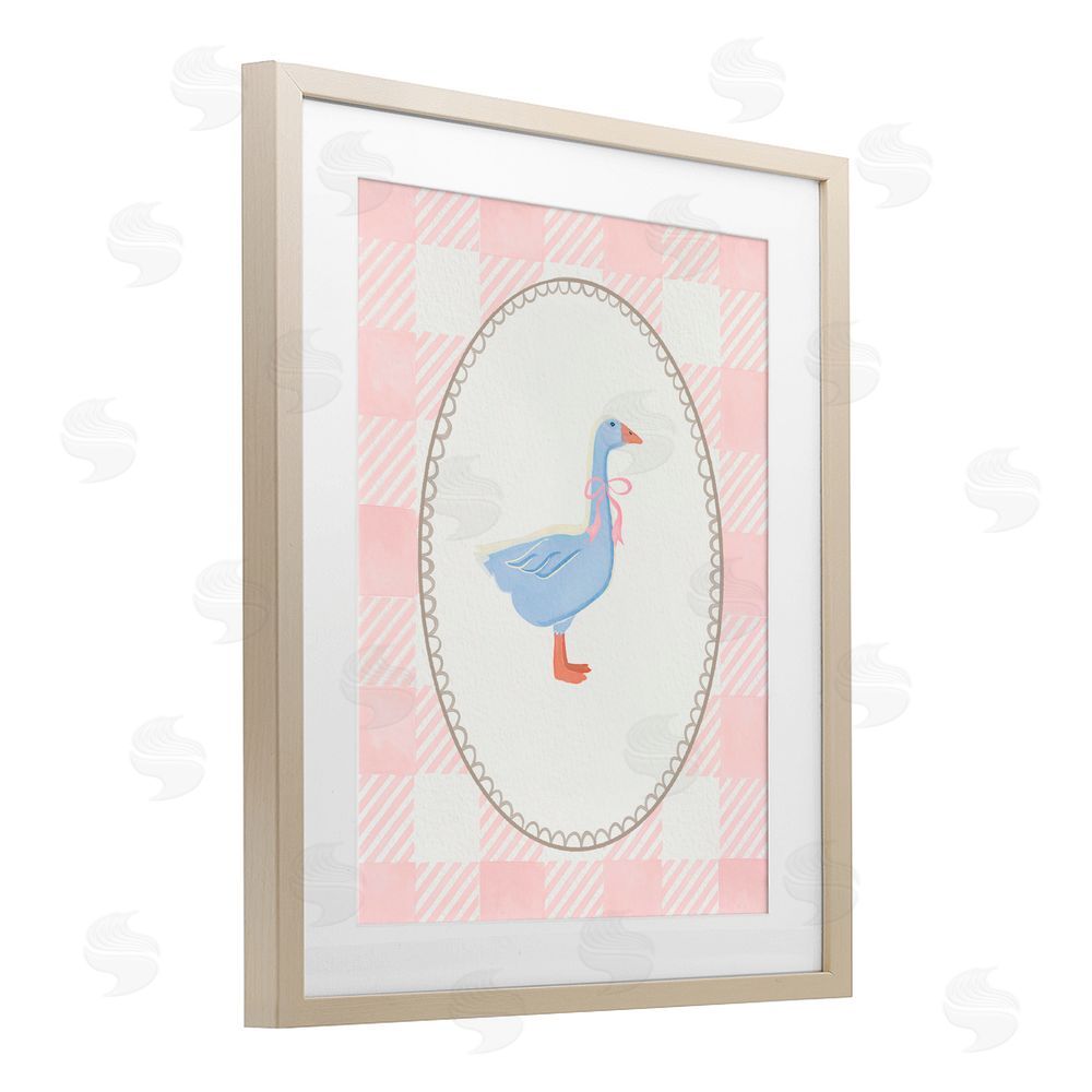 The Paper Curator Goose On Soft Pink Plaid Birch Framed Print Under Glass with White Mat Wall Art