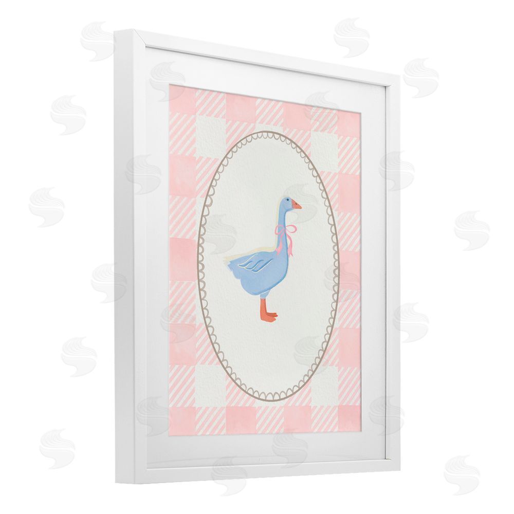 The Paper Curator Goose On Soft Pink Plaid White Framed Print Under Glass with Mat Wall Art