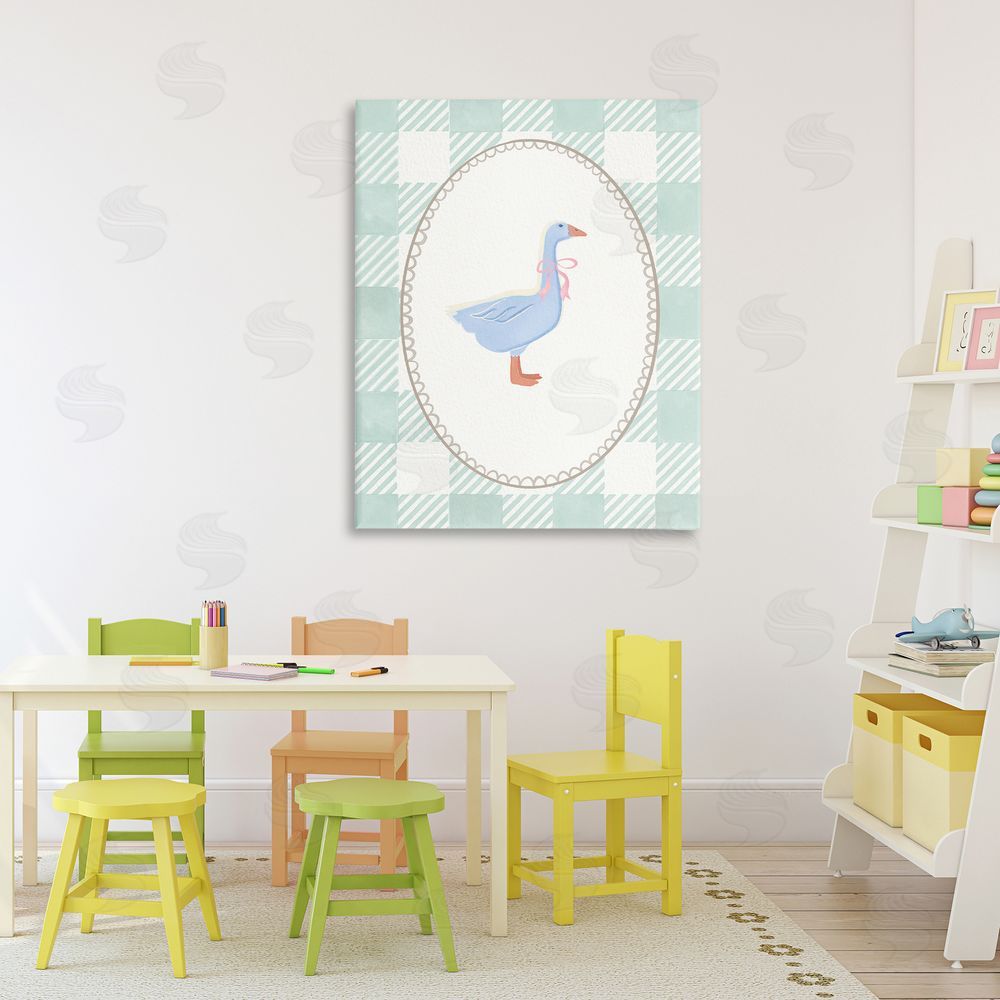 The Paper Curator Goose on Soft Green Plaid Canvas Art on Wall