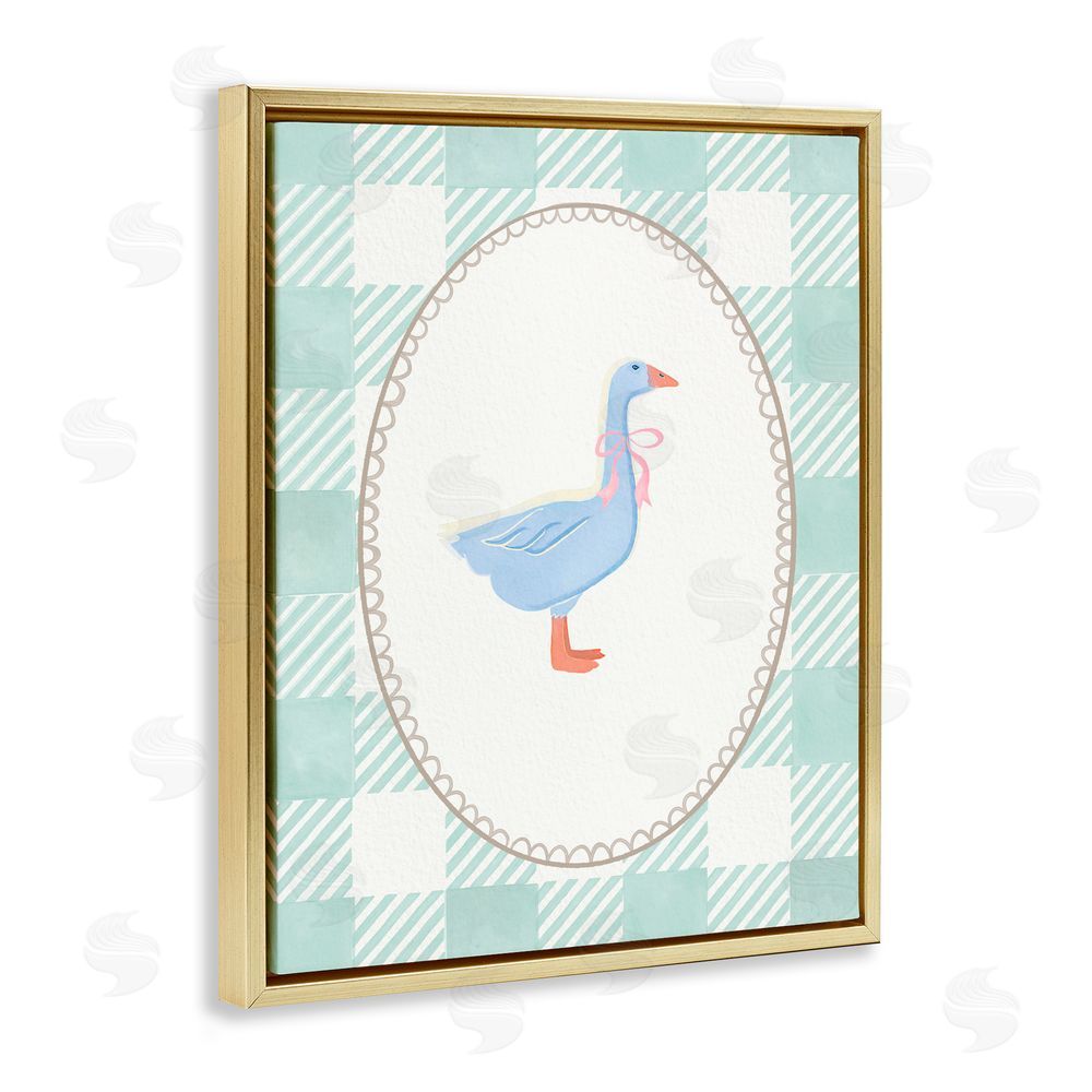 The Paper Curator Goose on Soft Green Plaid Gold Floating Frame Canvas Wall Art Print