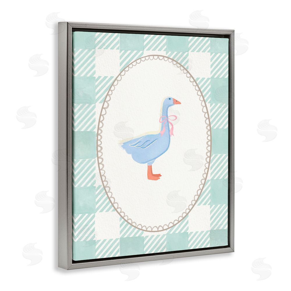 The Paper Curator Goose on Soft Green Plaid Gray Floating Frame Canvas Wall Art Print
