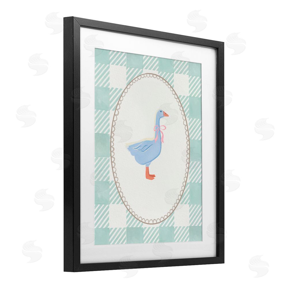 The Paper Curator Goose on Soft Green Plaid Black Framed Print Under Glass with White Mat Wall Art