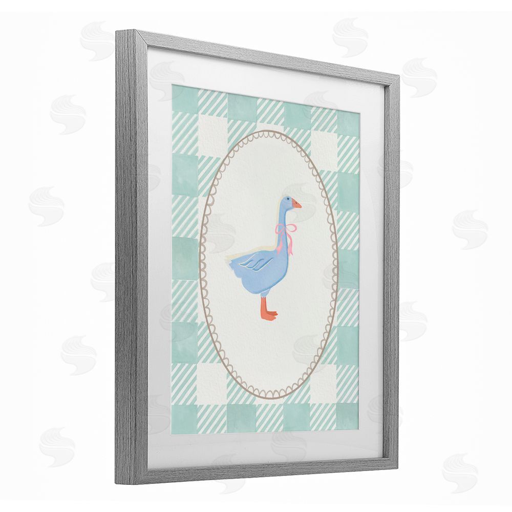 The Paper Curator Goose on Soft Green Plaid Gray Framed Print Under Glass with White Mat Wall Art