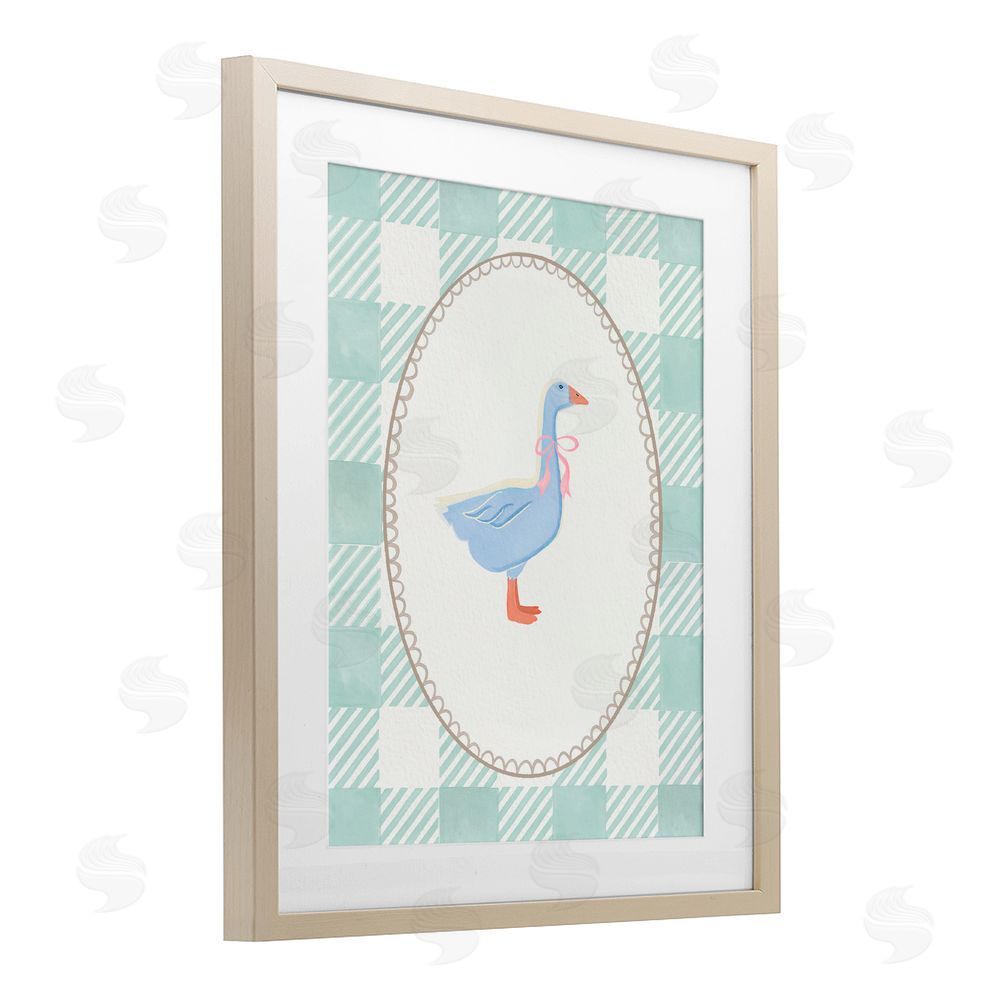 The Paper Curator Goose on Soft Green Plaid Birch Framed Print Under Glass with White Mat Wall Art