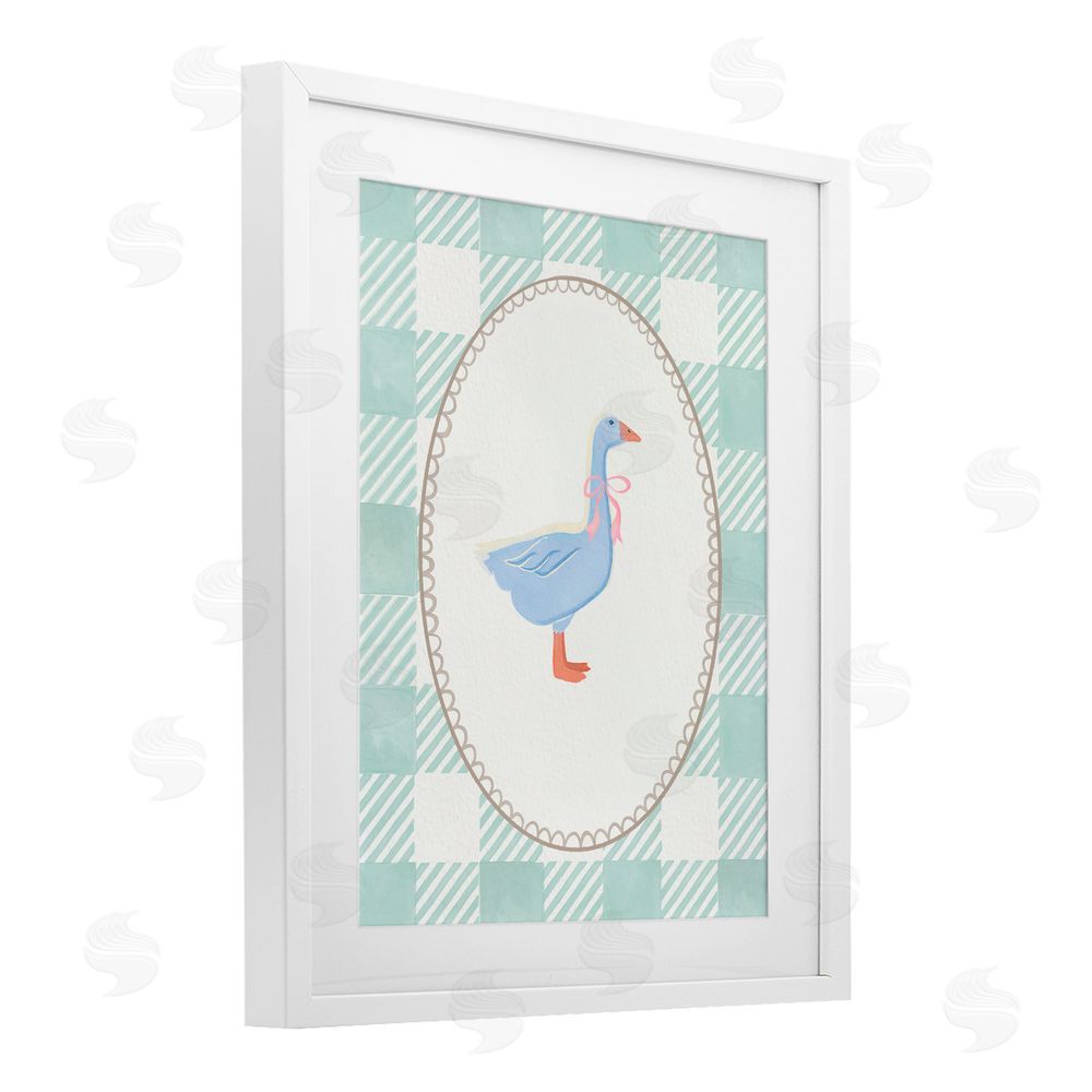 The Paper Curator Goose on Soft Green Plaid White Framed Print Under Glass with Mat Wall Art