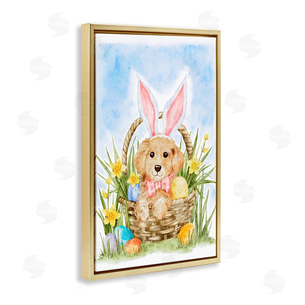 Amy Hall Spring Easter Puppy Gold Floating Frame Canvas Art Print
