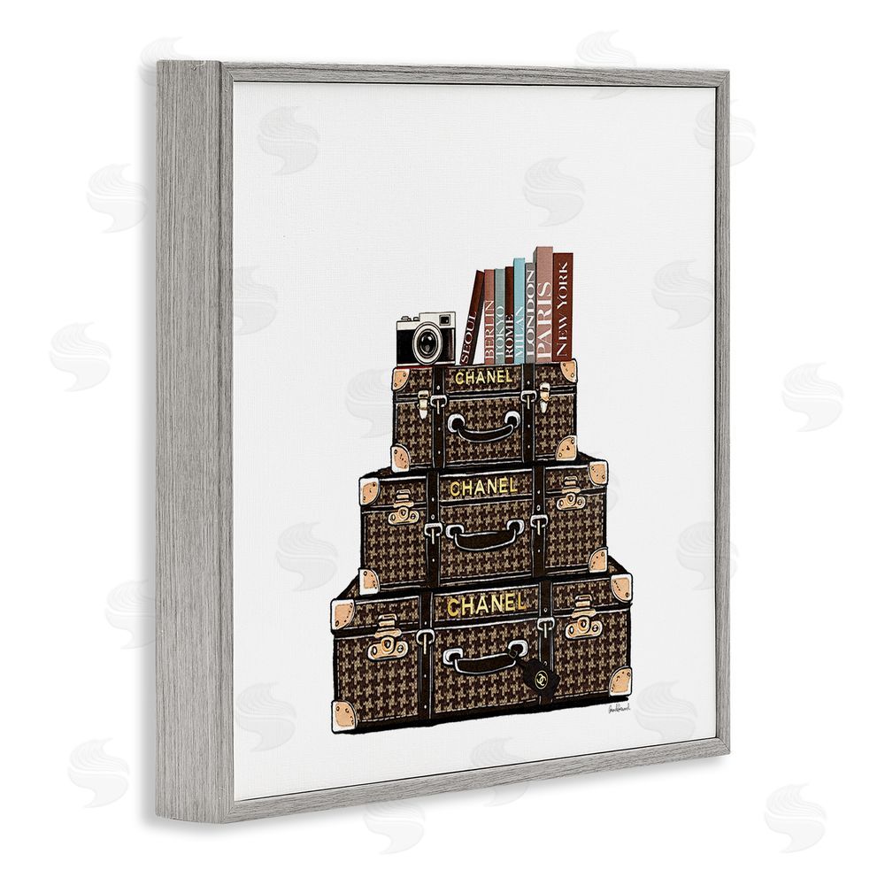 Amanda Greenwood Travel Vintage Luggage & Books Gray Framed Giclee Wall Art Print