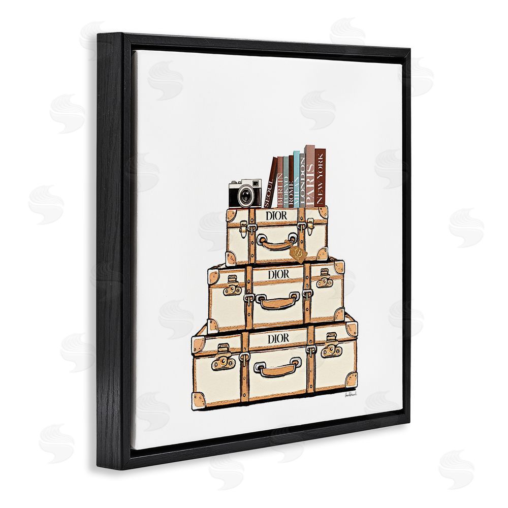Amanda Greenwood Cream Luggage Stack Black Floating Frame Canvas Wall Art Print