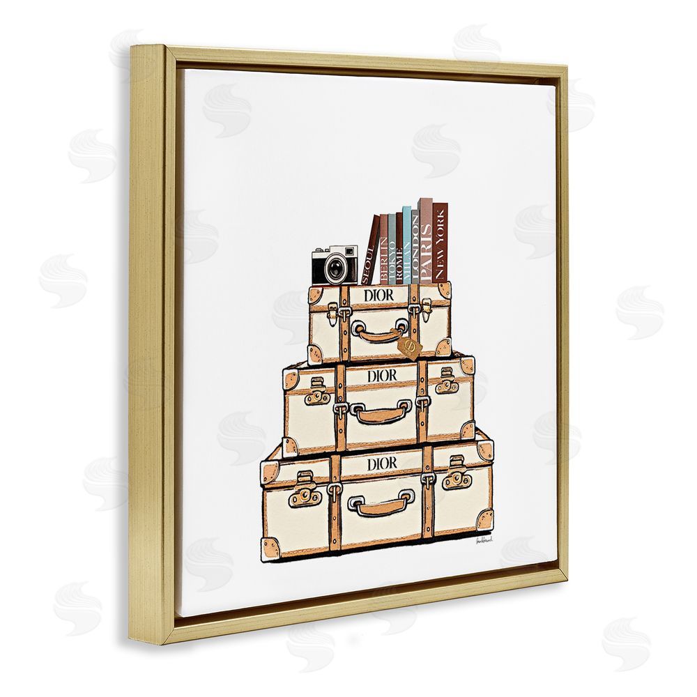 Amanda Greenwood Cream Luggage Stack Gold Floating Frame Canvas Wall Art Print
