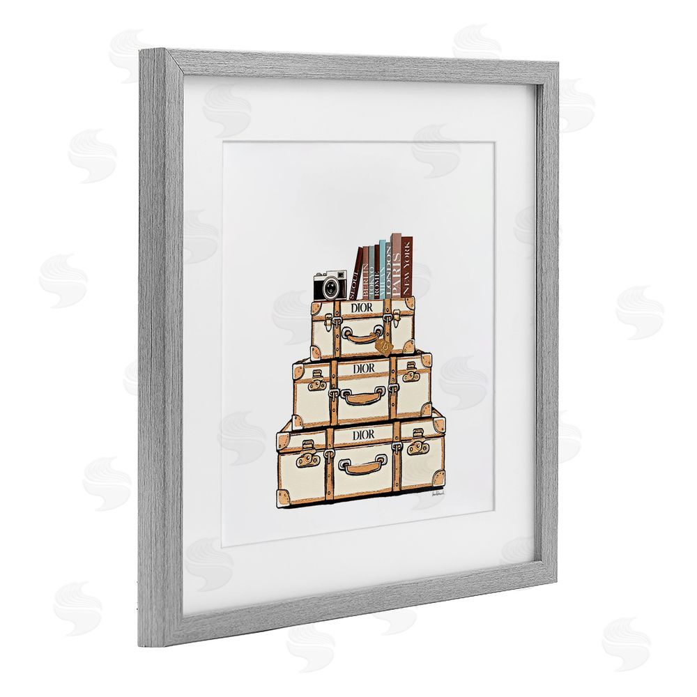 Amanda Greenwood Cream Luggage Stack Gray Framed Print Under Glass with White Mat Wall Art