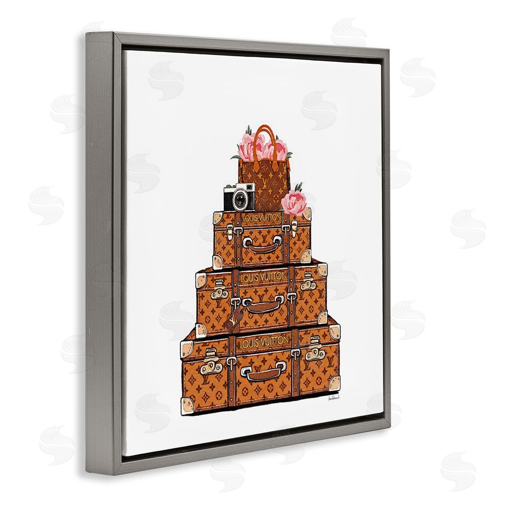 Amanda Greenwood Stacked Luggage with Floral Handbag Gray Floating Frame Canvas Wall Art Print