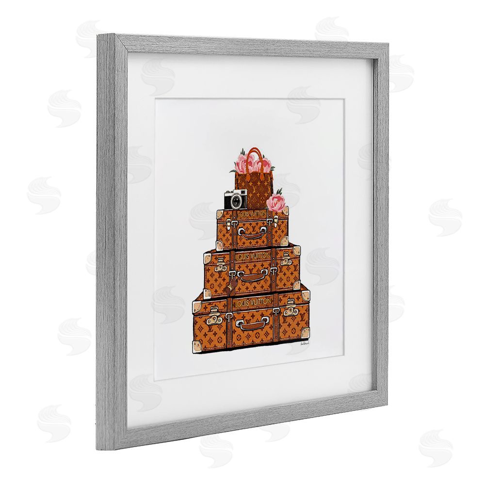 Amanda Greenwood Stacked Luggage with Floral Handbag Gray Framed Print Under Glass with White Mat Wall Art