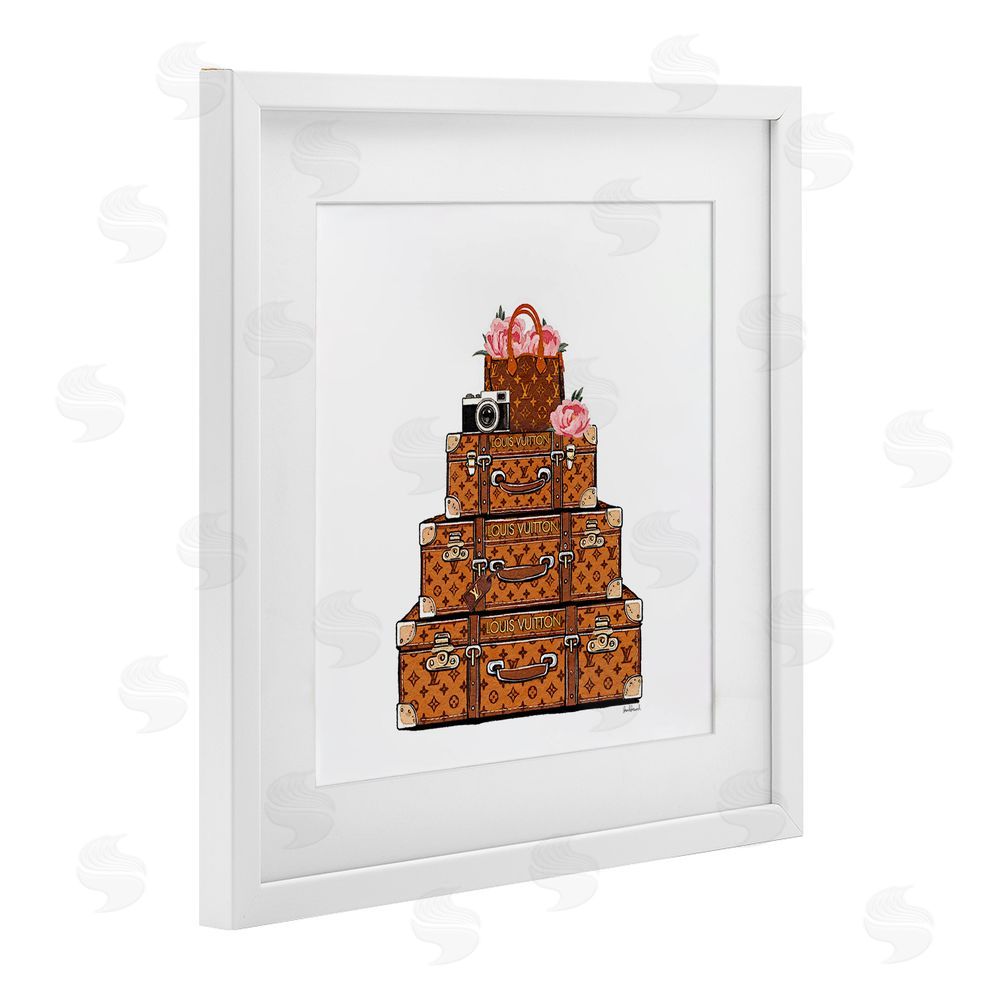 Amanda Greenwood Stacked Luggage with Floral Handbag White Framed Print Under Glass with Mat Wall Art