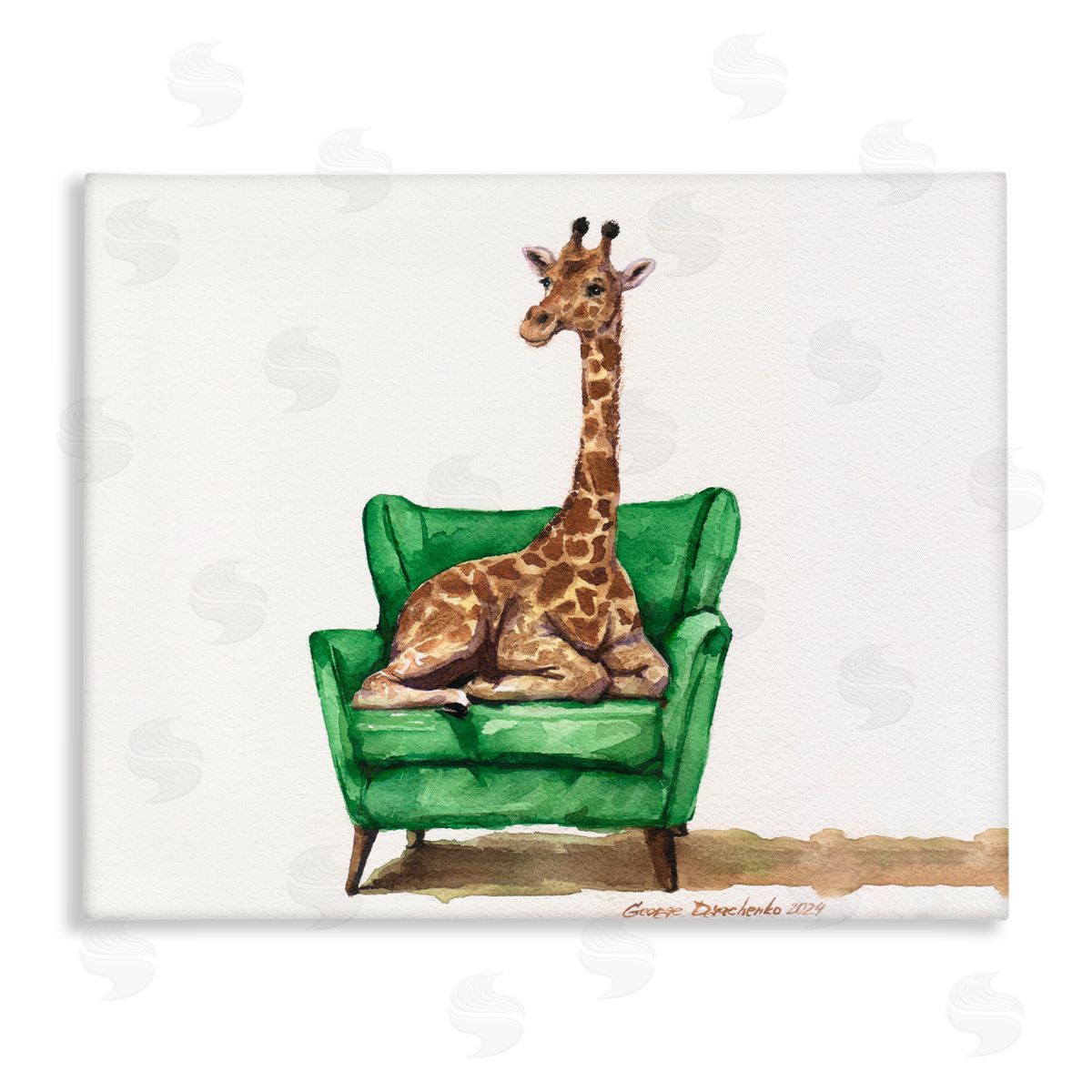 George Dyachenko Cute Giraffe on Green Chair Canvas Wall Art Print