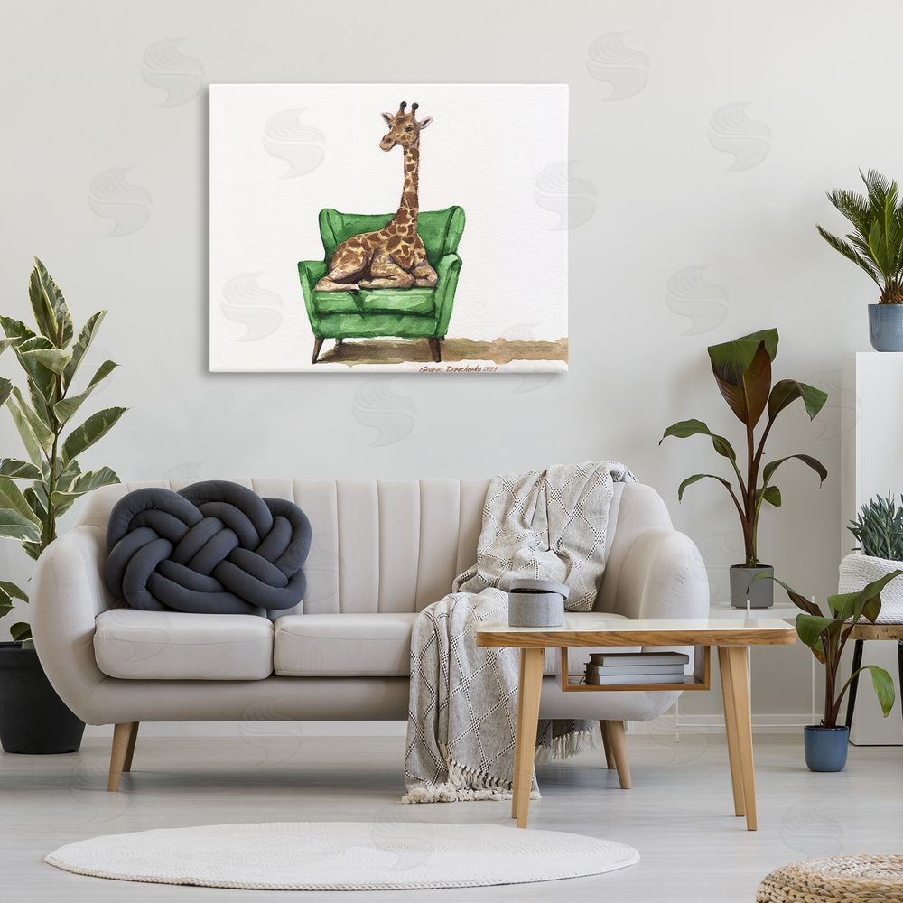 George Dyachenko Cute Giraffe on Green Chair Canvas Art on Wall