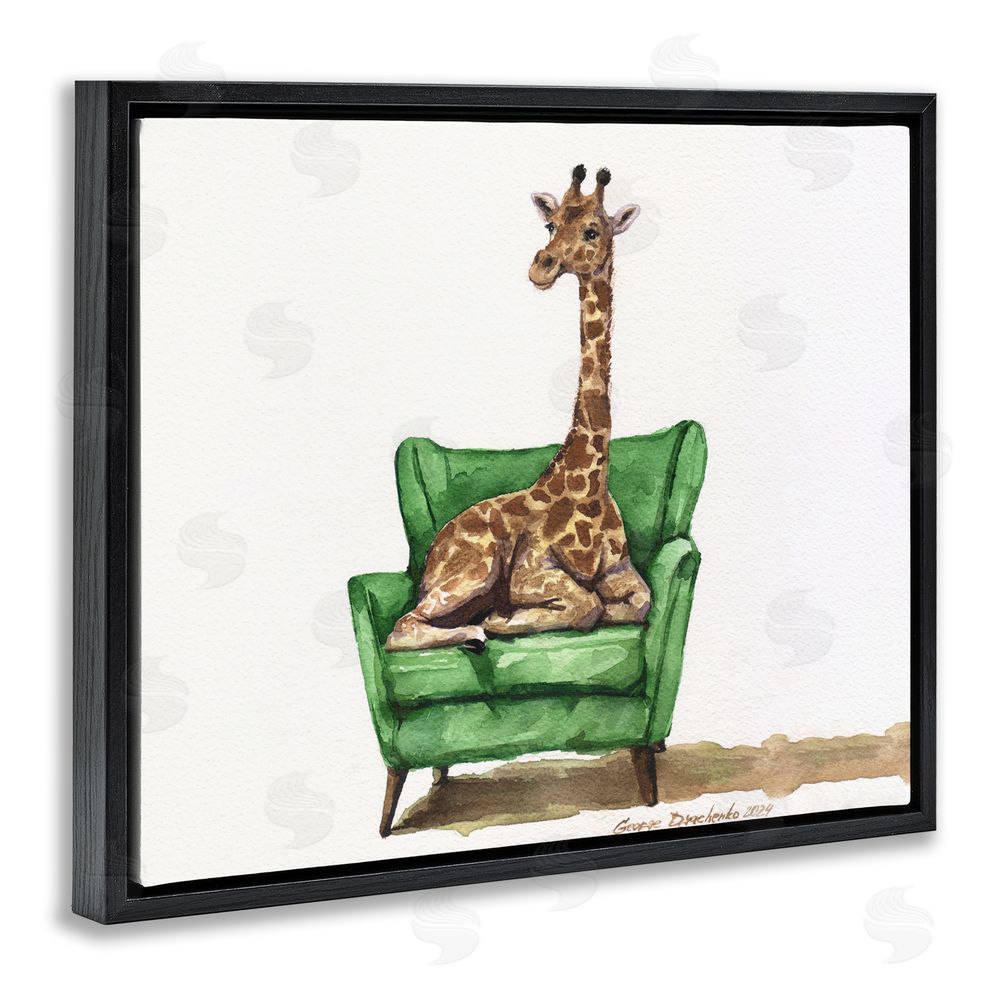 George Dyachenko Cute Giraffe on Green Chair Black Floating Frame Canvas Wall Art Print
