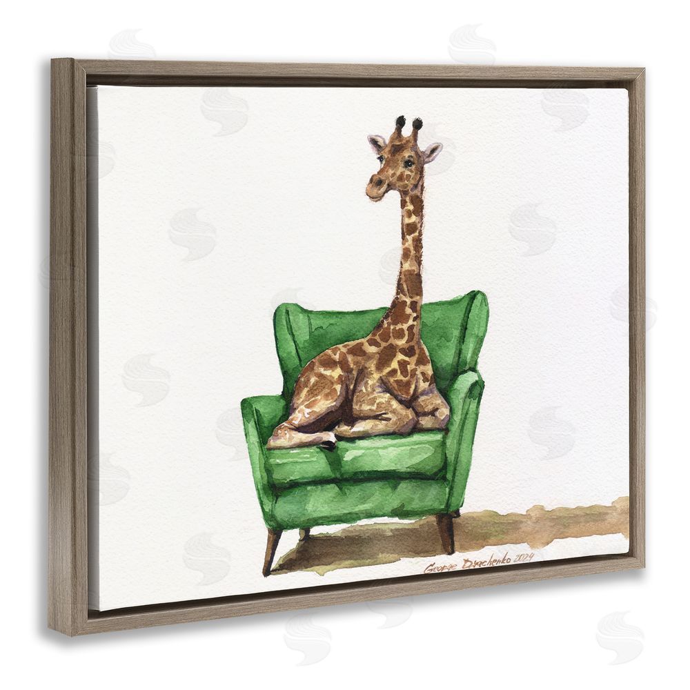 George Dyachenko Cute Giraffe on Green Chair Brown Floating Frame Canvas Wall Art Print