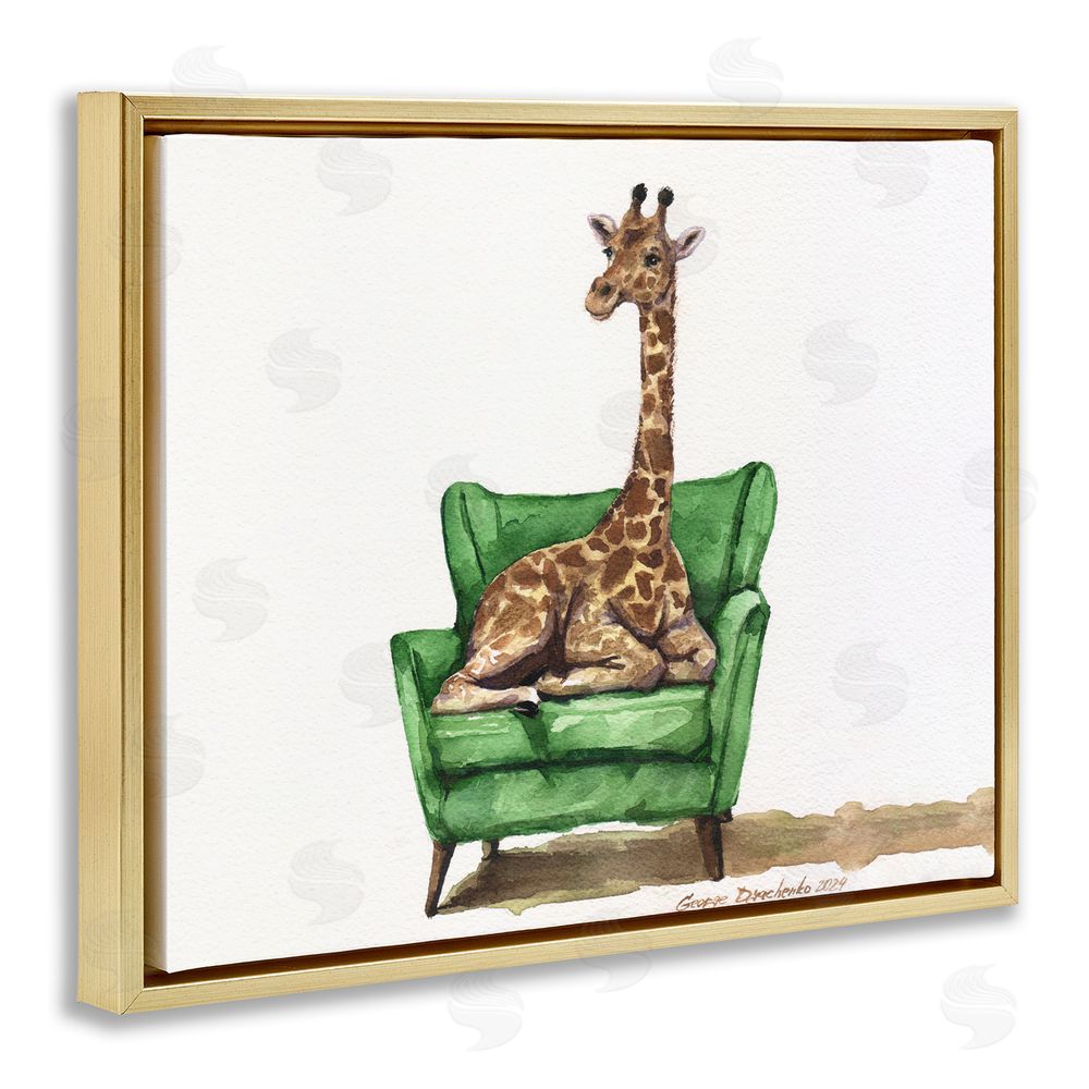 George Dyachenko Cute Giraffe on Green Chair Gold Floating Frame Canvas Wall Art Print