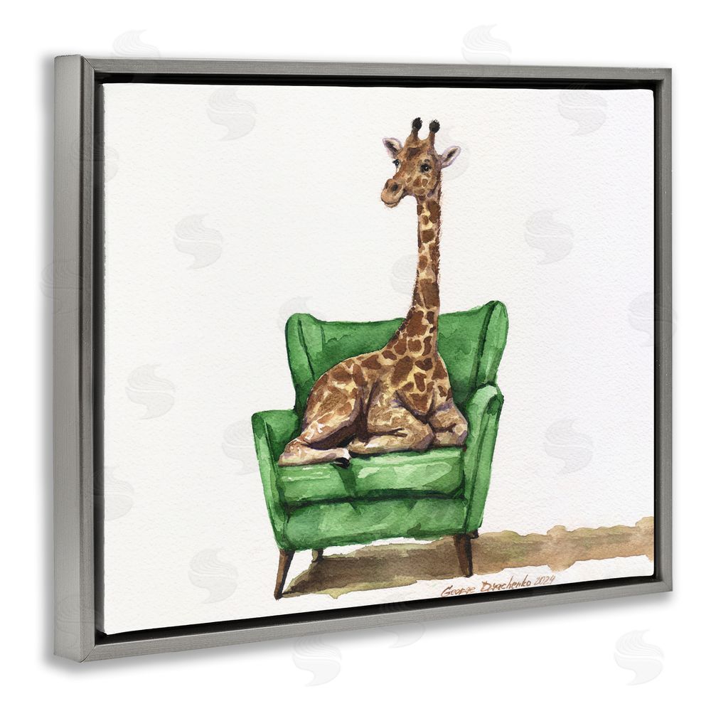 George Dyachenko Cute Giraffe on Green Chair Gray Floating Frame Canvas Wall Art Print