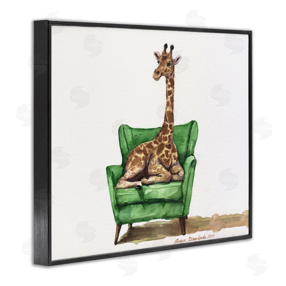 George Dyachenko Cute Giraffe on Green Chair Black Framed Giclee Wall Art Print
