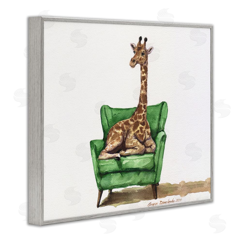 George Dyachenko Cute Giraffe on Green Chair Gray Framed Giclee Wall Art Print