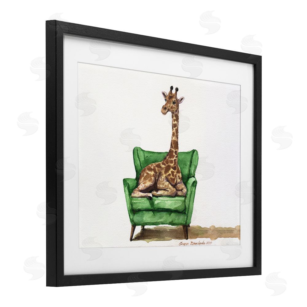 George Dyachenko Cute Giraffe on Green Chair Black Framed Print Under Glass with White Mat Wall Art