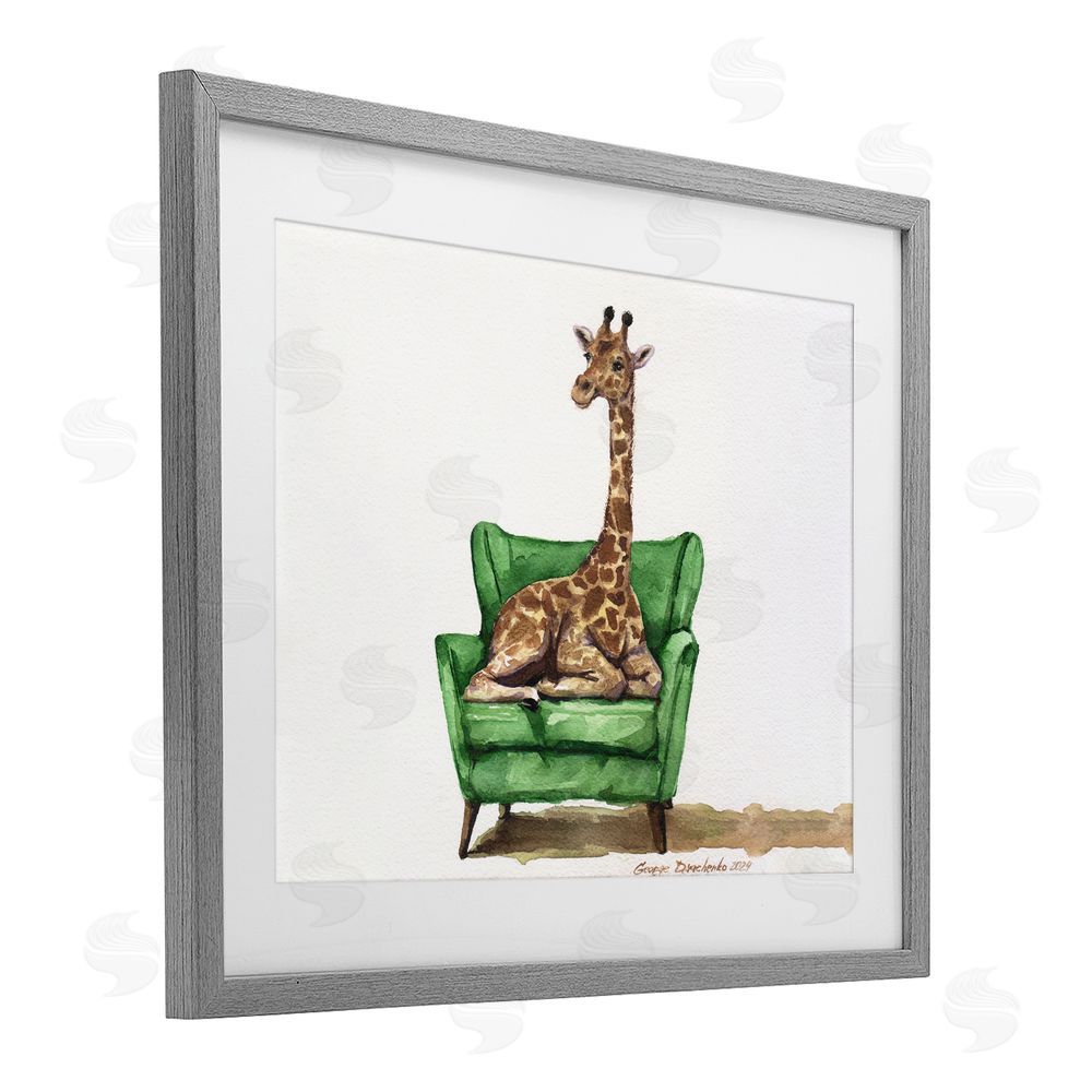 George Dyachenko Cute Giraffe on Green Chair Gray Framed Print Under Glass with White Mat Wall Art