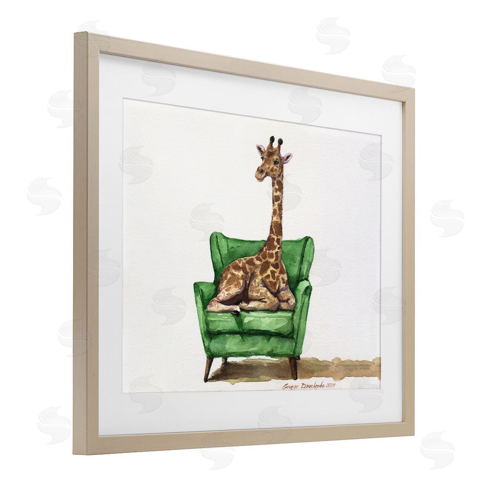 George Dyachenko Cute Giraffe on Green Chair Birch Framed Print Under Glass with White Mat Wall Art