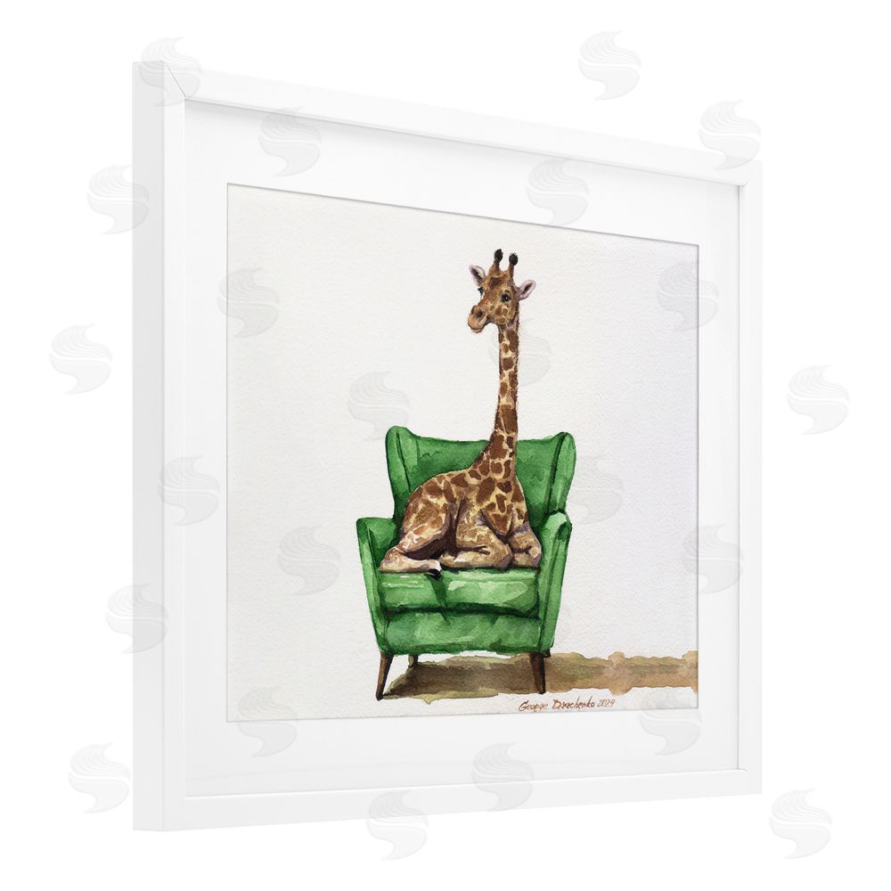 George Dyachenko Cute Giraffe on Green Chair White Framed Print Under Glass with Mat Wall Art