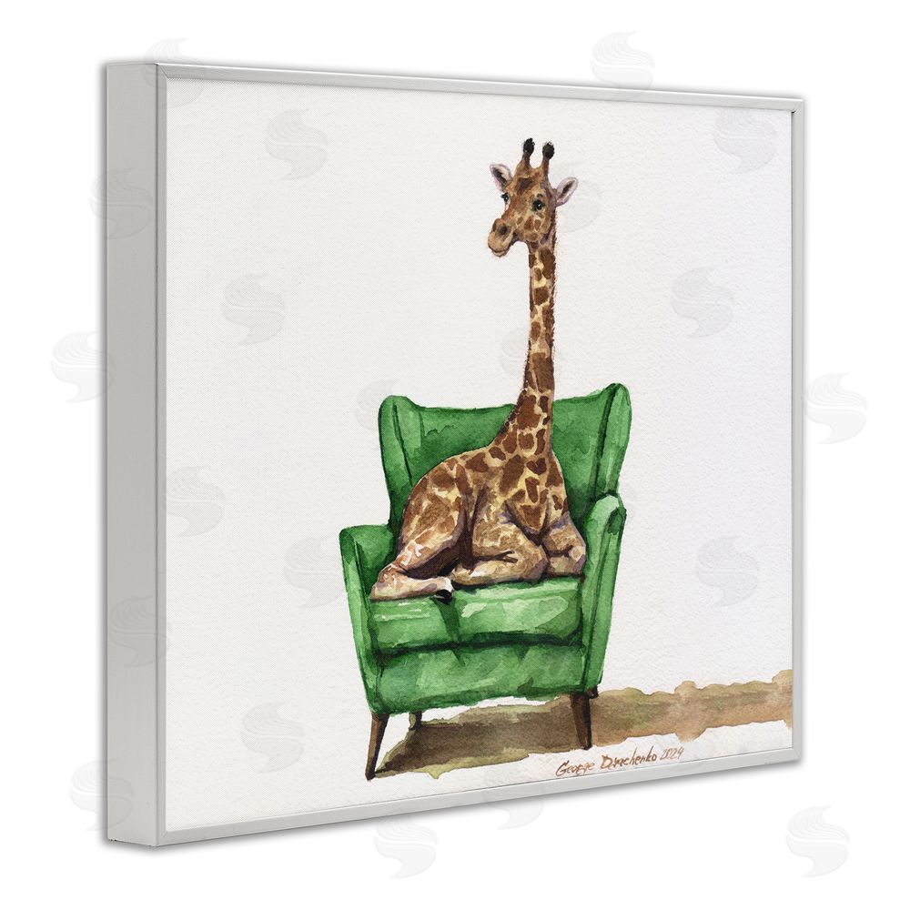 George Dyachenko Cute Giraffe on Green Chair White Framed Giclee Wall Art Print