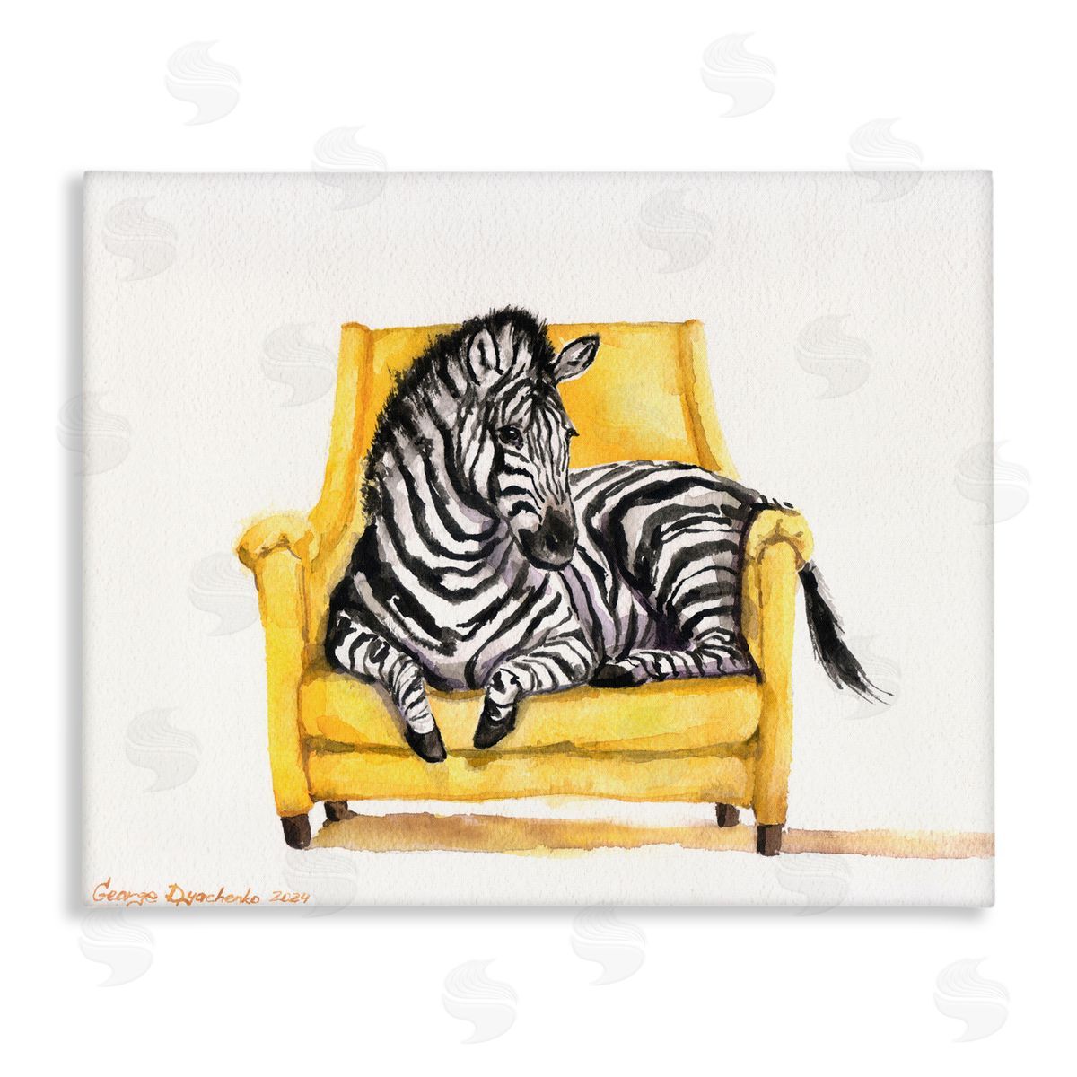 George Dyachenko Cute Zebra on Yellow Chair Canvas Wall Art Print
