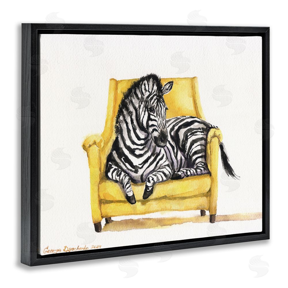 George Dyachenko Cute Zebra on Yellow Chair Black Floating Frame Canvas Wall Art Print