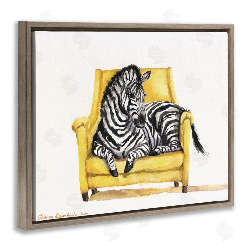 George Dyachenko Cute Zebra on Yellow Chair Brown Floating Frame Canvas Wall Art Print