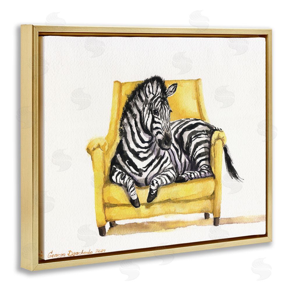 George Dyachenko Cute Zebra on Yellow Chair Gold Floating Frame Canvas Wall Art Print
