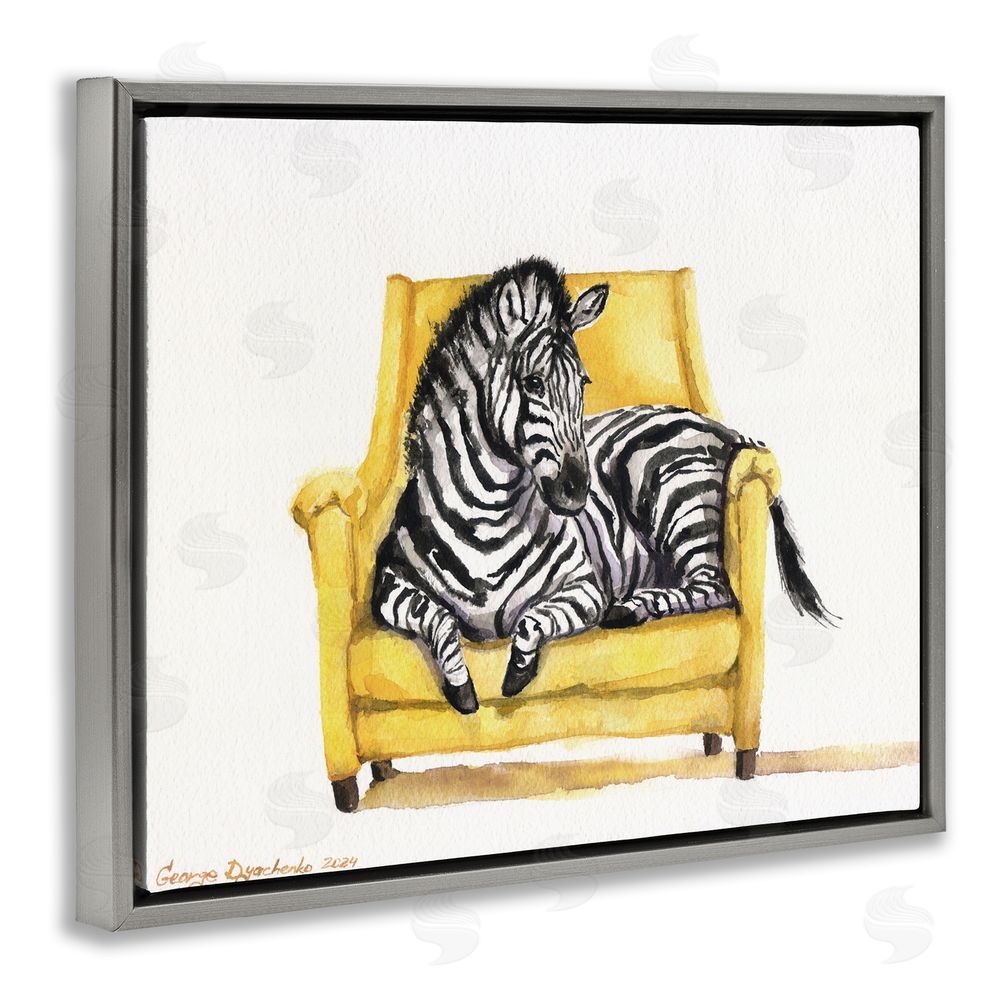George Dyachenko Cute Zebra on Yellow Chair Gray Floating Frame Canvas Wall Art Print