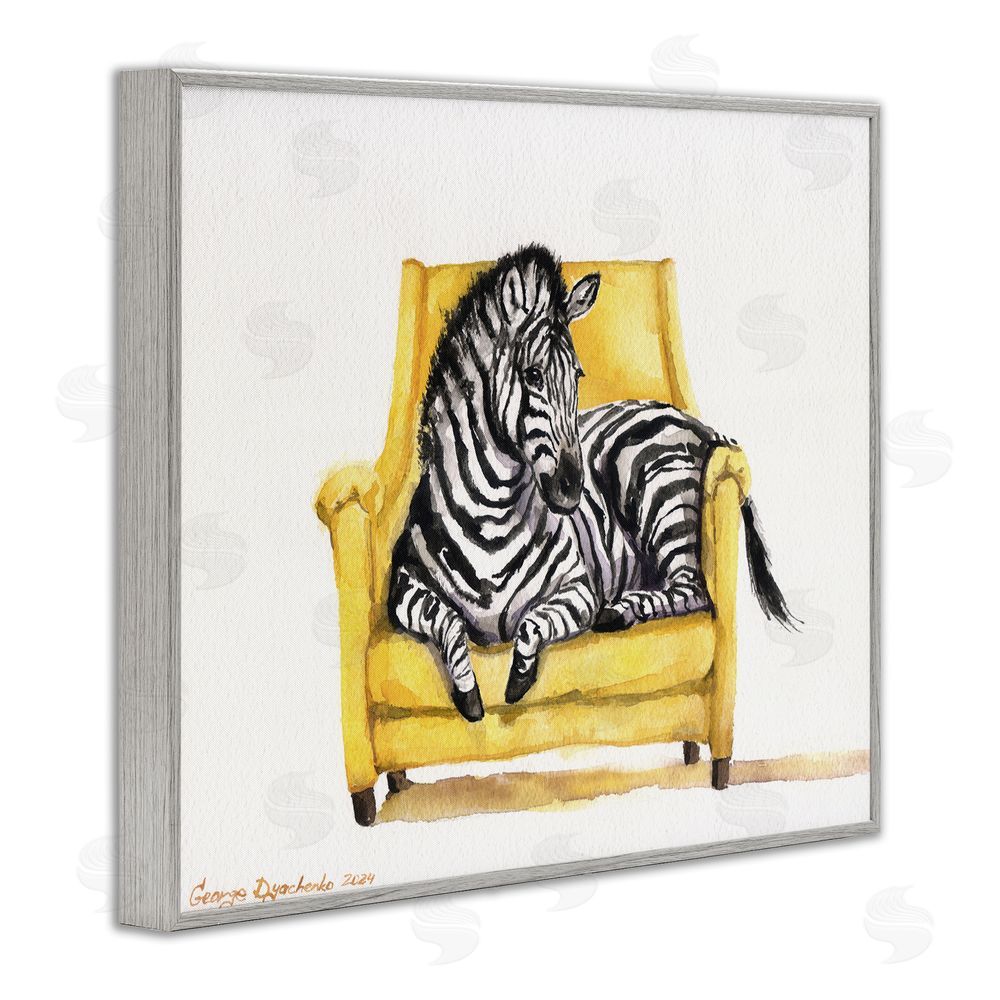 George Dyachenko Cute Zebra on Yellow Chair Gray Framed Giclee Wall Art Print