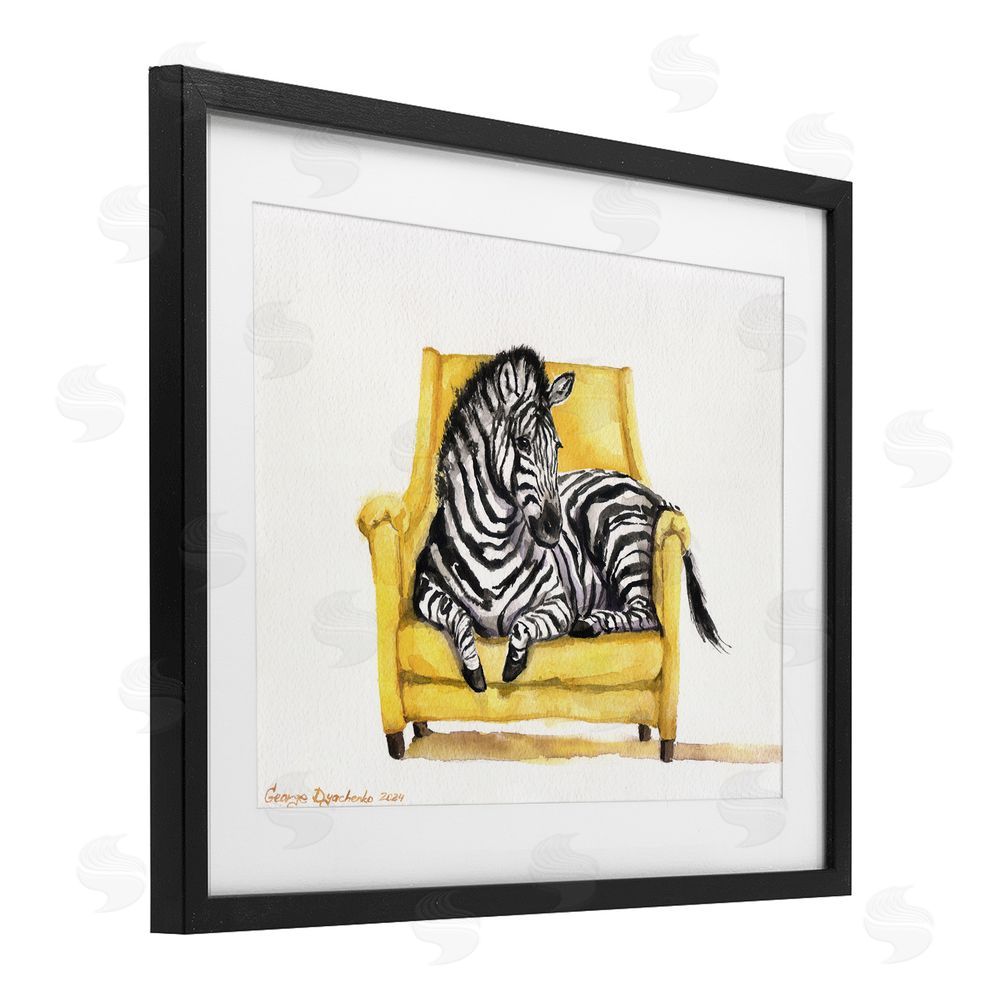George Dyachenko Cute Zebra on Yellow Chair Black Framed Print Under Glass with White Mat Wall Art